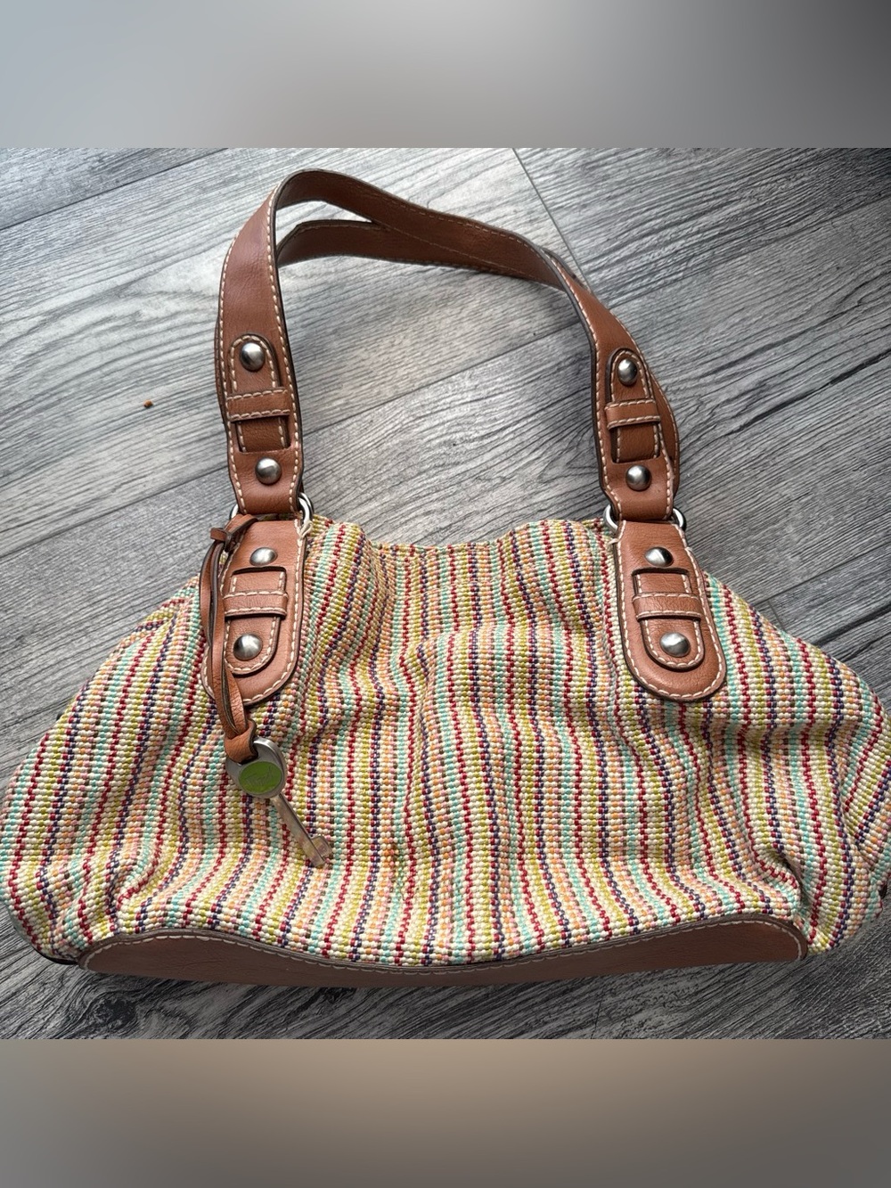 Fossil Woven Multicolor Shoulder Bag with Brown Leather Trim